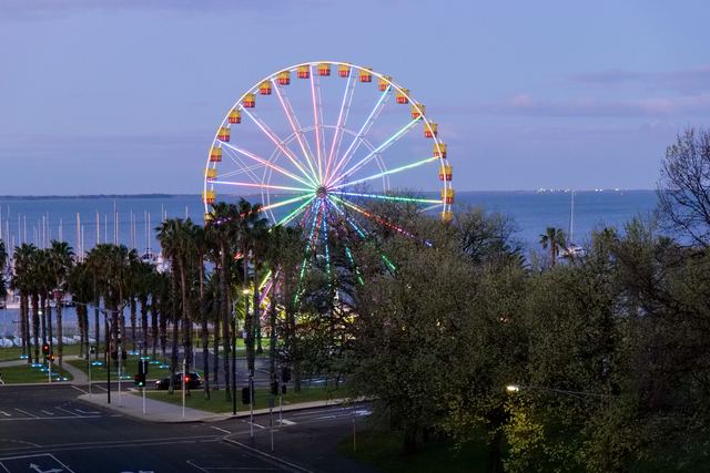 A lit-up ferris wheel and palm trees on the Geelong waterfront at dusk, with Corio Bay behind.