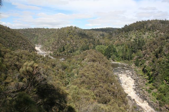 Cataract Gorge in Launceston with the South Esk River and the Alexandra Suspension Bridge among bushland.