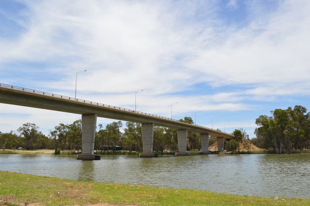 The George Chaffey Bridge crossing the Murray River at Mildura, with river red gums on the far bank.