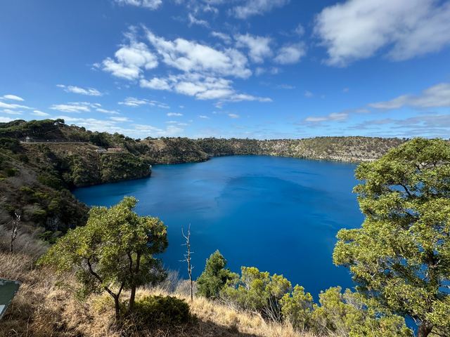 The Blue Lake in Mount Gambier, a deep blue crater lake ringed by trees and cliffs.