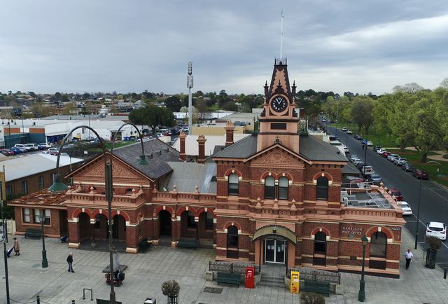 The ornate red-brick Traralgon Post Office and clock tower, with the town spreading out behind.