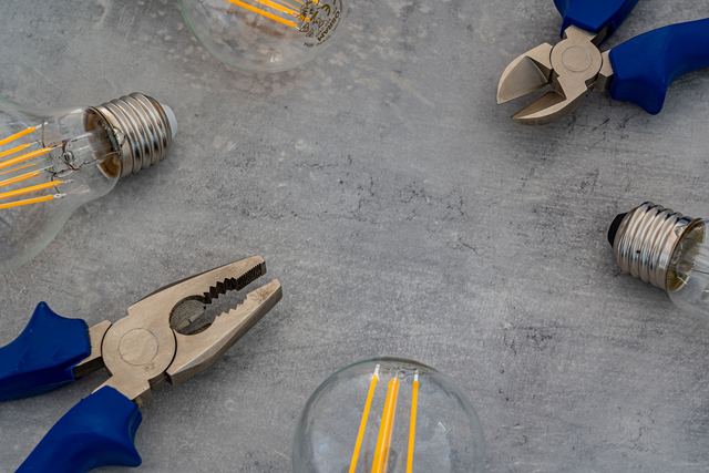 Pliers, side cutters and clear filament light bulbs laid out on a grey concrete surface.