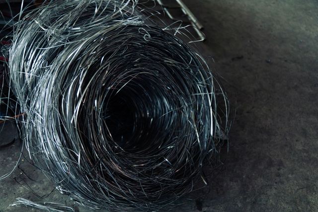 A loose coil of bare silver metal wire on a concrete floor.