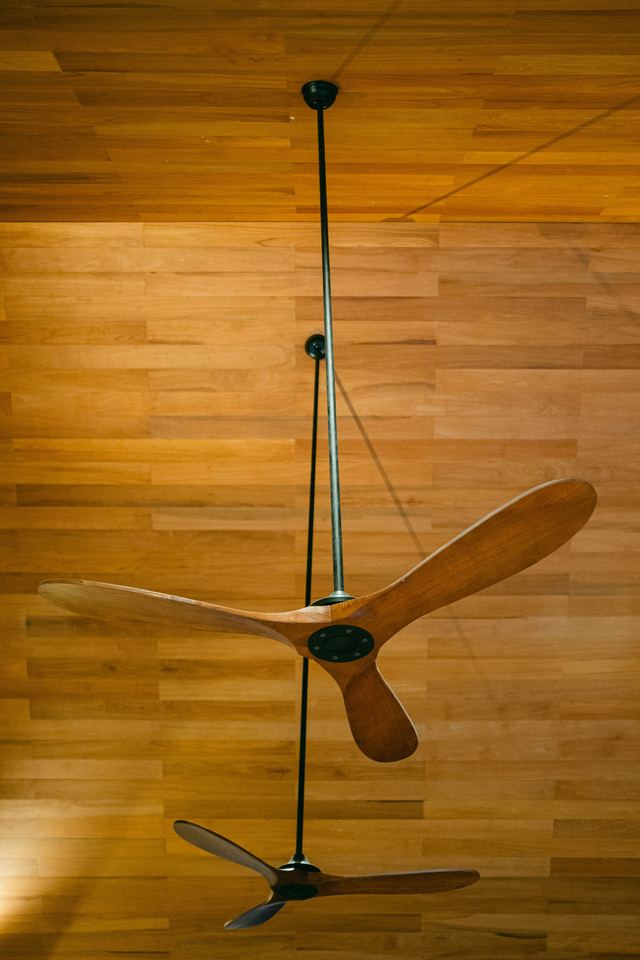 Two three-blade timber ceiling fans hanging on long drop rods below a timber-lined ceiling.
