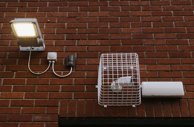 An LED floodlight with a separate motion sensor wired below it on a brick wall, next to a caged security camera.